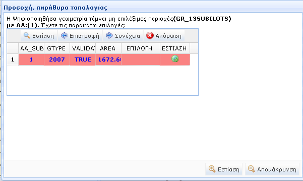 Αυτό το παράθυρο τοπολογίας σας παρέχει τις εξής δυνατότητες: Area: (κοινή επικαλυπτόμενη έκταση του τεμαχίου με την μη επιλέξιμη περιοχή σε m2) Εστίαση εντολή αυτή σας παρέχει την δυνατότητα να