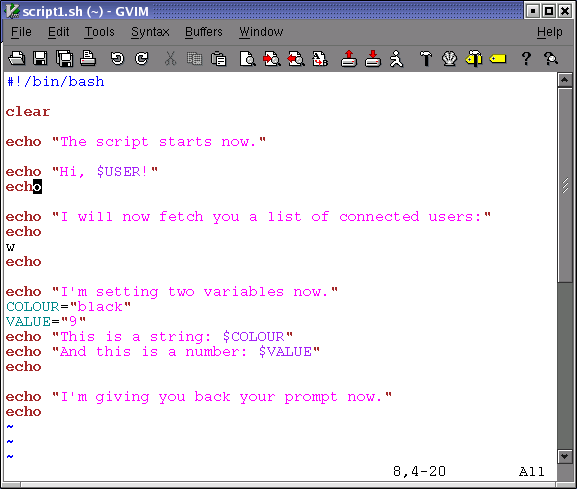 Επισημείωση σύνταξης(syntax highlighting)-χρωματική υποβοήθηση στον vim Για να ενεργοποιήσετε την επισημείωση σύνταξης στον vim, χρησιμοποιείστε την εντολή :syntax enable ή :sy enable ή :syn enable