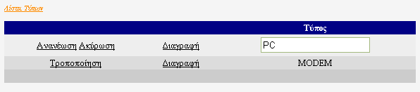 Αν ο χρήστης επιθυμεί να αλλάξει το όνομα του τύπου συσκευής επιλέγει Τροποποίηση, εκτελώντας την εντολή ο πίνακας αλλάζει μορφή και στη θέση του υπερσύνδεσμου Τροποποίηση εμφανίζονται δύο νέοι