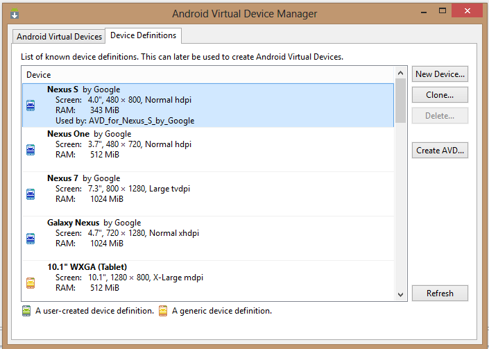 εικόνα Α2.1.7 Δπηιέγνπκε ην "Nexus S by Google" θαη παηάκε ην: "Create AVD", επηβεβαηψλνπκε ηελ επηινγή καο παηψληαο OK.