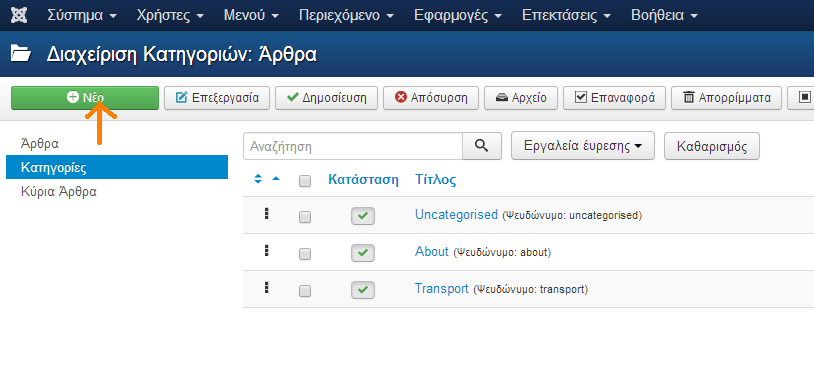 5.11.1 Δημιουργία Κατηγορίας Η δημιουργία κατηγορίας γίνεται από την καρτέλα Διαχείριση κατηγοριών που βρίσκεται στον Πίνακα Ελέγχου του Joomla. Πατώντας Νέο ξεκινάει η δημιουργία της κατηγορίας.