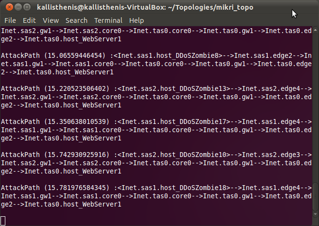 Εικόνα 10.8: Τerminal κατά την διάρκεια επίθεσης DDoS στον Inet.tas0.host_WebServer1 Επίθεση DDoS σε έναν έξυπνο μετρητή Σε αυτό το σημείο προσομοιώθηκε μία επίθεση DDoS στον έξυπνο μετρητή Inet.sas1.