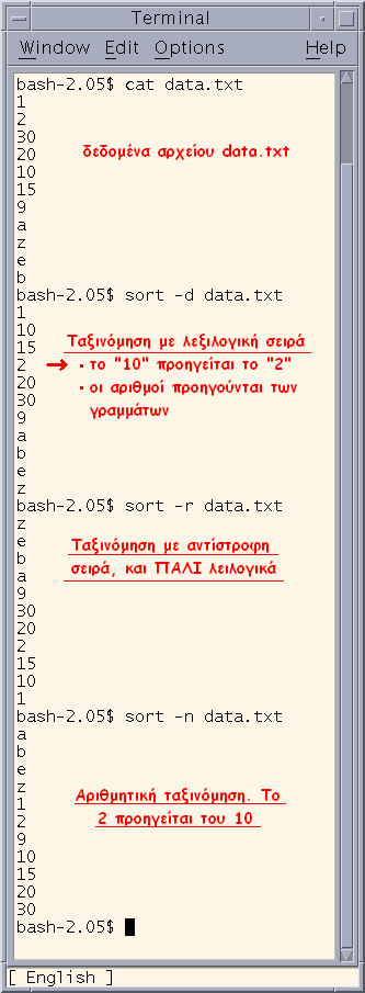 Η εντολή sort Η εντολή sort είναι αρκετά απλή και πετυχαίνει την ταξινόμηση των περιεχομένων ενός αρχείου κειμένου,