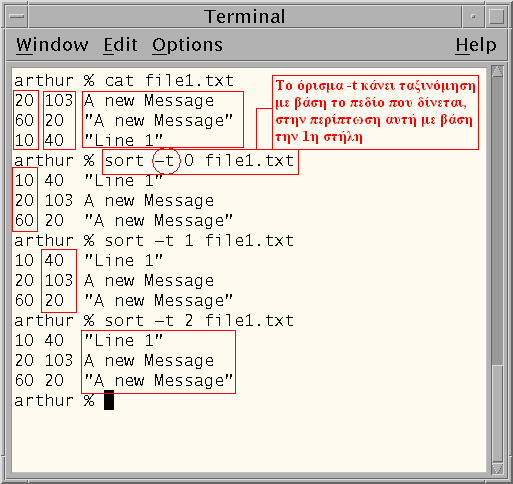 Εικόνα 41: H εντολή sort (συνέχεια). Η εντολή grep Στην υποενότητα αυτή θα δούμε την εντολή grep η οποία επιτρέπει αναζήτηση εκφράσεων σε αρχεία. Με τον όρο έκφραση εννοούμε είτε μία απλή λέξη (π.χ. int) είτε ολόκληρη πρόταση (π.