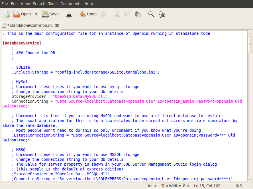 Password=opensim; Η τελική μορφή του αρχείου bin/config-include/standalonecommon.ini φαίνεται στην παρακάτω Εικόνα.