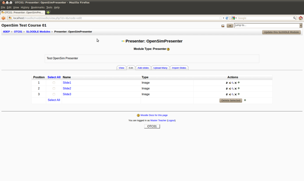 Εικόνα 69: Οθόνη Επεξεργασίας των Slides tου Sloodle Presenter στο Moodle Η δοκιμαστική προβολή των Slides της παρουσίασης που έχει καταχωρηθεί στον Sloodle Presenter