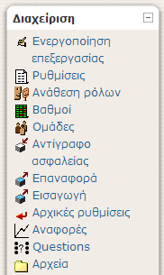 Ρυθμίσεις: Αυτός ο σύνδεσμος μας οδηγεί στη σελίδα ρυθμίσεων του μαθήματος. Ανάθεση ρόλων: Λέγοντας ρόλος εννοούμε ένα σύνολο δικαιωμάτων. Ο κάθε χρήστης μπορεί να έχει έναν ή περισσότερους ρόλους.