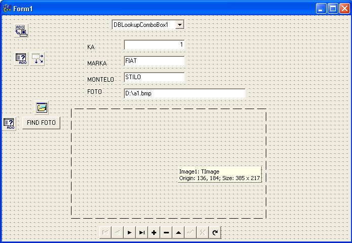 Image (1 φορά) (γραµµή εργαλείων Additional) OpenPictureDialog (1 φορά) (γραµµή εργαλείων Dialogs) DBLookUpComboBox (1 φορά) (γραµµή εργαλείων Data Controls) DBNavigator (1 φορά) (γραµµή εργαλείων