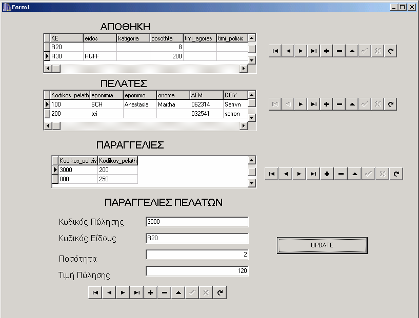 9. Αποθηκεύστε τα αρχεία (File Save All) και εκτελέστε το πρόγραµµα (Run). 10. Οµοίως δηµιουργήστε µία φόρµα για την εισαγωγή και την ενηµέρωση της αποθήκης όταν γίνονται αγορές από τους προµηθευτές.