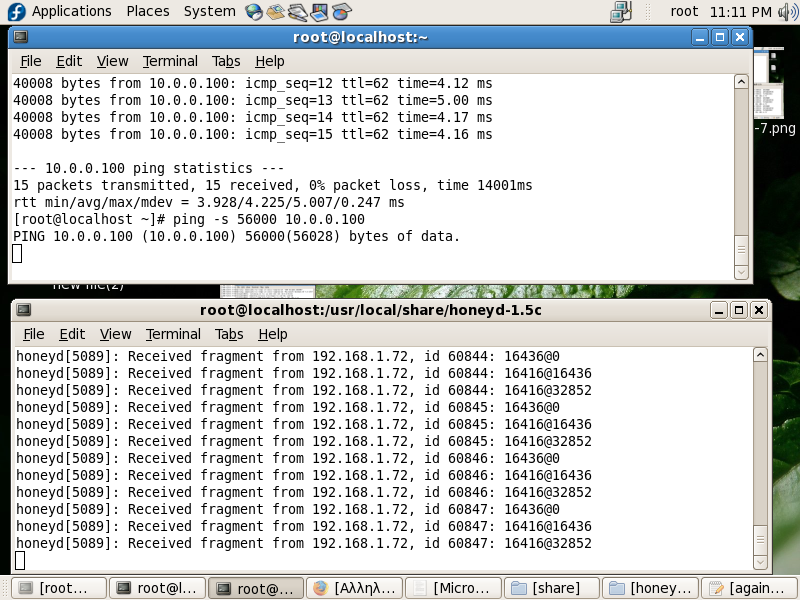 ηε ζπλέρεηα απμήζακε ηνλ φγθν ησλ παθέησλ ζε 40000 φπνπ πάιη ην Honeyd απάληεζε Εικόνα 56: Ping of death attack_2