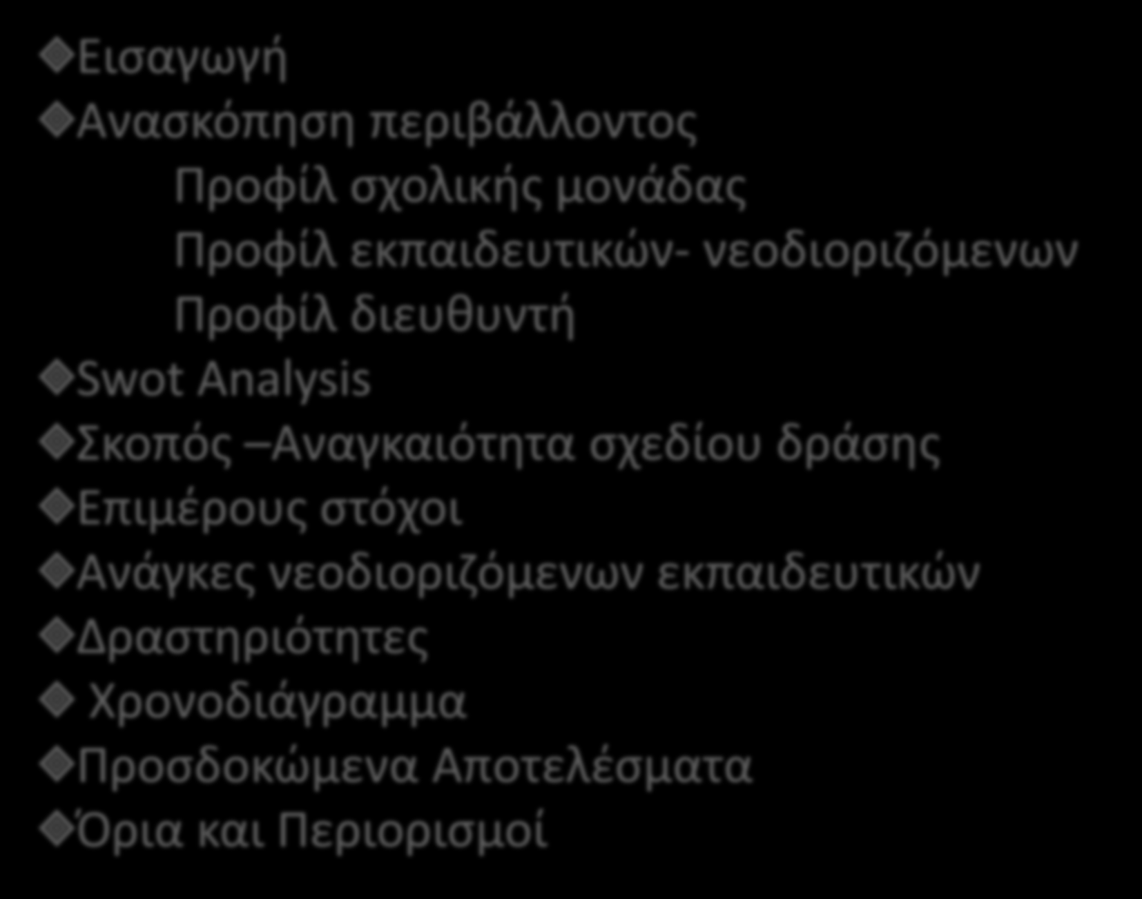 ΔΟΜΗ ΠΑΡΟΥΣΙΑΣΗΣ Εισαγωγή Ανασκόπηση περιβάλλοντος Προφίλ σχολικής μονάδας Προφίλ εκπαιδευτικών- νεοδιοριζόμενων Προφίλ διευθυντή Swot Analysis Σκοπός