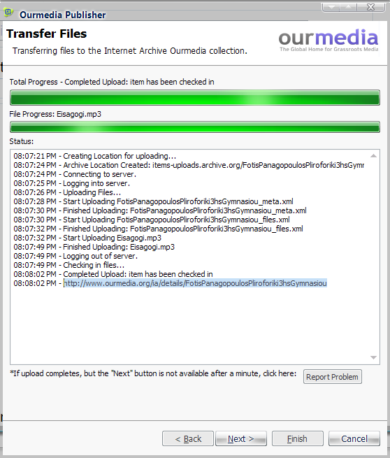 4.6 Ολοκλήρωση φόρτωσης ενός Podcast Στην εικόνα που ακολουθεί βλέπουµε ότι το αρχείο µας έχει «ανέβει» επιτυχώς και το URL του είναι το http://www.ourmedia.