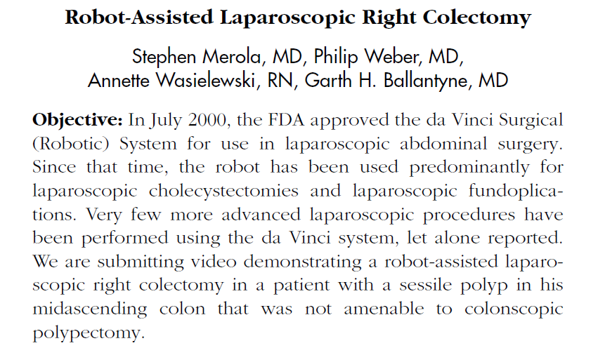 First reported robotic colectomy