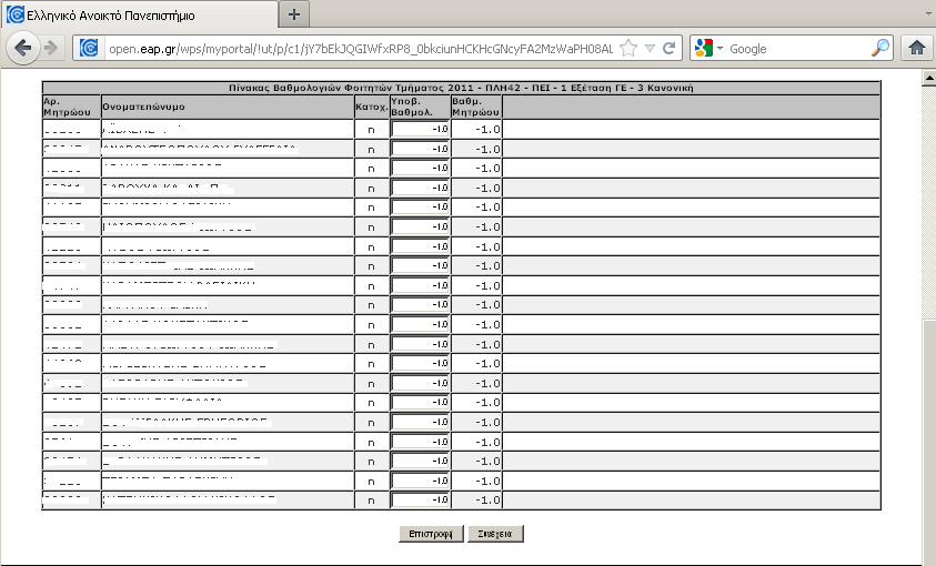 σελίδα στην οποία συμπληρώνονται οι βαθμολογίες για τη συγκεκριμένη εργασία.