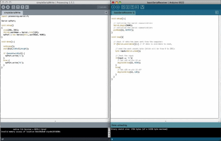 Εικόνα 3.1: Το Processing IDE και το Arduino IDE δίπλα δίπλα. 3.2 Γλώσσα προγραμματισμού Ο Casey Reas και ο Ben Fry, πρώην μέλη του γκρουπ Αισθητικής και Υπολογισμού του Ψηφιακού Εργαστηρίου του MIT, δημιούργησαν το Processing το 2001.