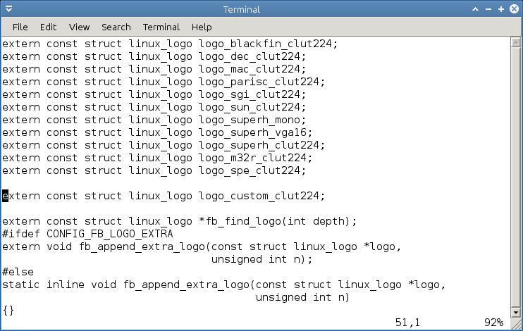 96 Κεφάλαιο 6 : Υλοποίηση Λειτουργικού Συστήματος Εικόνα 6-6: Το επεξεργασμένο αρχείο logo.c. Εικόνα 6-6: Το επεξεργασμένο αρχείο linux_logo.h.
