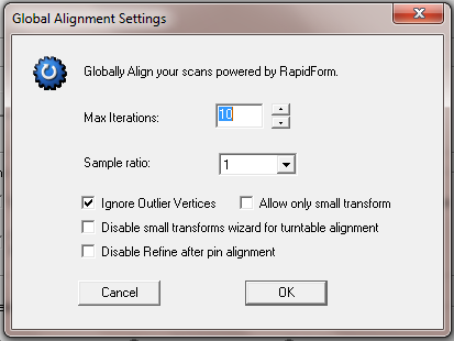 Εικόνα 61: Παράθυρο Global Alignment Settings Οι παράμετροι αυτές είναι προκαθορισμένες από το λογισμικό ScanStudio και δεν χρειάζεται ο χρήστης να τις αλλάξει.