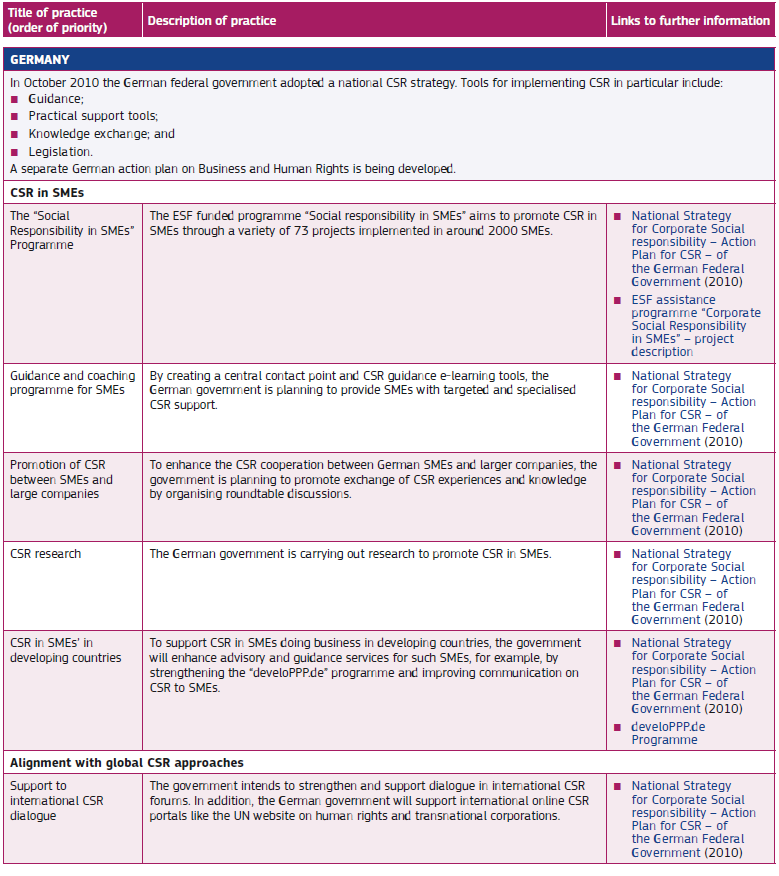 Πίνακας 6 Σύνοψη Εθνικού Σχεδίου ΕΚΕ Γερμανίας Πηγή: European Commission (2014). «Corporate Social Responsibility National Public Policies in the European Union Compendium 2014».