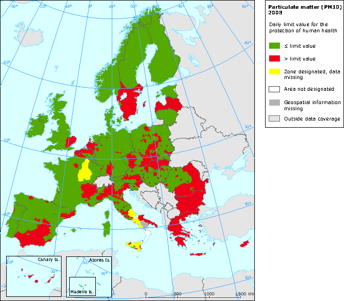 Σχήμα 5.1 Συγκέντρωση των ΡΜ 10 στην Ευρώπη των 27 με βάση την οδηγία 2008/50/ΕΚ.