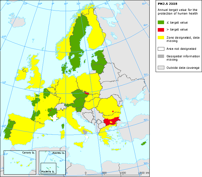 Σχήμα 5.2 Συγκέντρωση των ΡΜ 2.5 στην Ευρώπη των 27 με βάση την οδηγία 2008/50/ΕΚ.