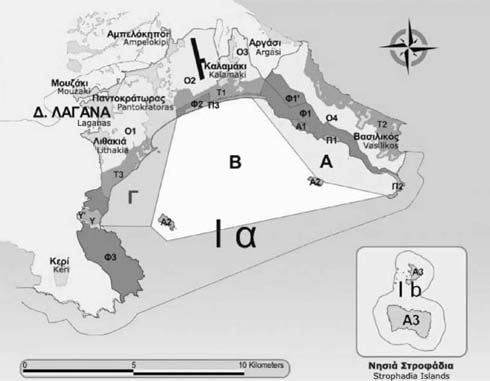 Ειδικότερα το ΕΘΠΖ περιλαµβάνει τη θαλάσσια ζώνη του κόλπου Λαγανά (Χάρτης 2 µε στοιχ. ια και ιβ ) και τη θαλάσσια ζώνη του κόλπου Στροφάδων.