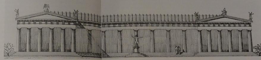 Επάνω η Στοά του Ελευθερίου Διός (430-420 π.χ.). Κάτω. Η Ποικίλη Στοά (Κιμώνεια περίοδος).
