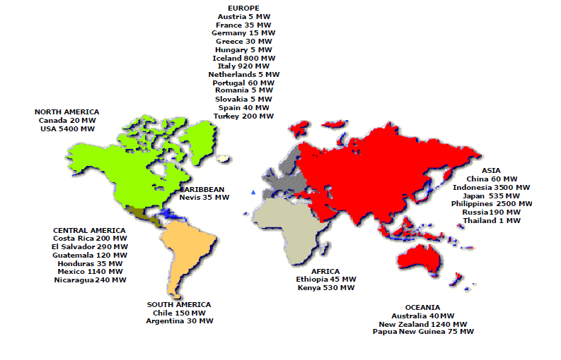 Κεφάλαιο 4 ο Η ανάπτυξη της γεωθερμίας στην Ελλάδα και Ε.Ε Χάρτης 4.1: Εγκατεστημένη ικανότητα το 2010 παγκόσμια [10.7 GW].