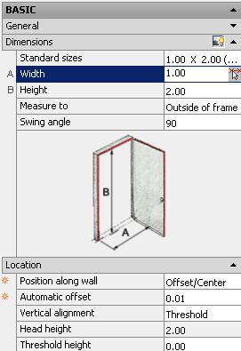 Οι πόρτες H πόρτα της εισόδου Από το μενού Home Build κατηγορία πόρτες, διάλεξε το εργαλείο Door ή από Command: DOORADD Στο παράθυρο των ιδιοτήτων για την πόρτα (εικόνα 27), ρύθμισε το πλάτος σε 1,