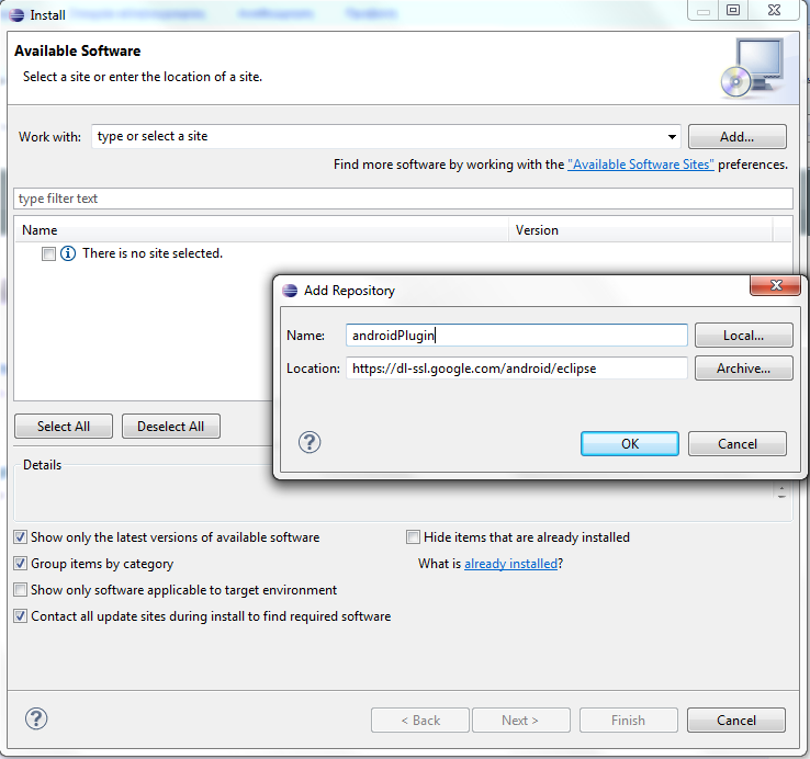 Στην συνέχεια θα χρειαστεί να κατεβάσουμε το Αndroid plug in. Μέσα στο περιβάλλον της Eclipse, πλοηγούμαστε στο μενού Help/Install New Software.