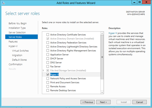 3. Από την σελίδα επιλογή Server Roles, επιλέγουμε Hyper-V και στην συνέχεια προσθέτουμε τα χαρακτηριστικά που απαιτούνται για Hyper-V.