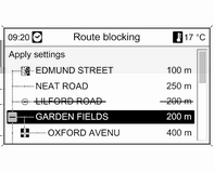 206 Σύστημα Infotainment Θέση Προορισμός Χρόνος άφιξης Απόσταση Οθόνη χάρτη Route blocking (Αποκλεισμός διαδρομής) Οι ακόλουθες επιλογές είναι διαθέσιμες για να εξαιρέσετε με το χέρι ορισμένες