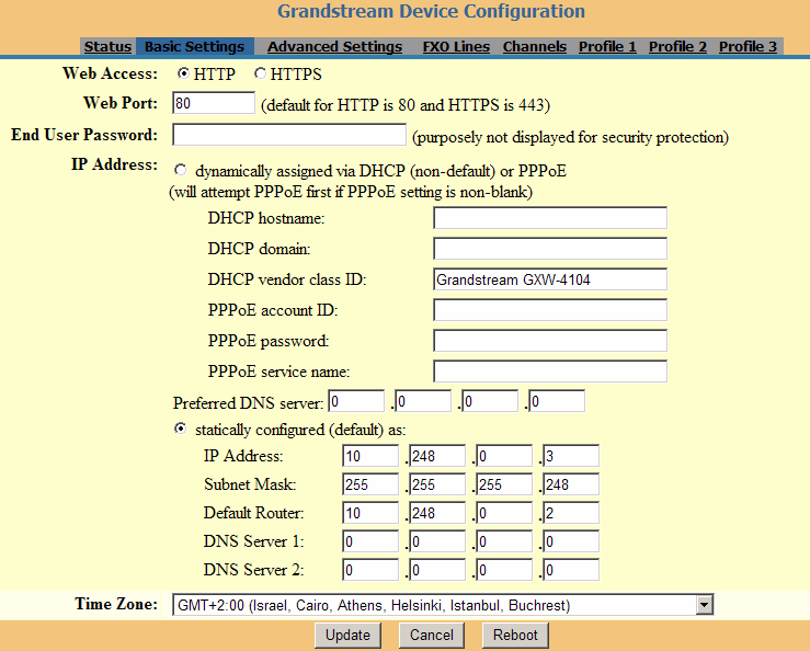 Στη δεύτερη οθόνη της διεπαφής (Basic Settings) πραγµατοποιούνται οι βασικές ρυθµίσεις της πύλης που αφορούν στην IP διεύθυνση και τη µάσκα