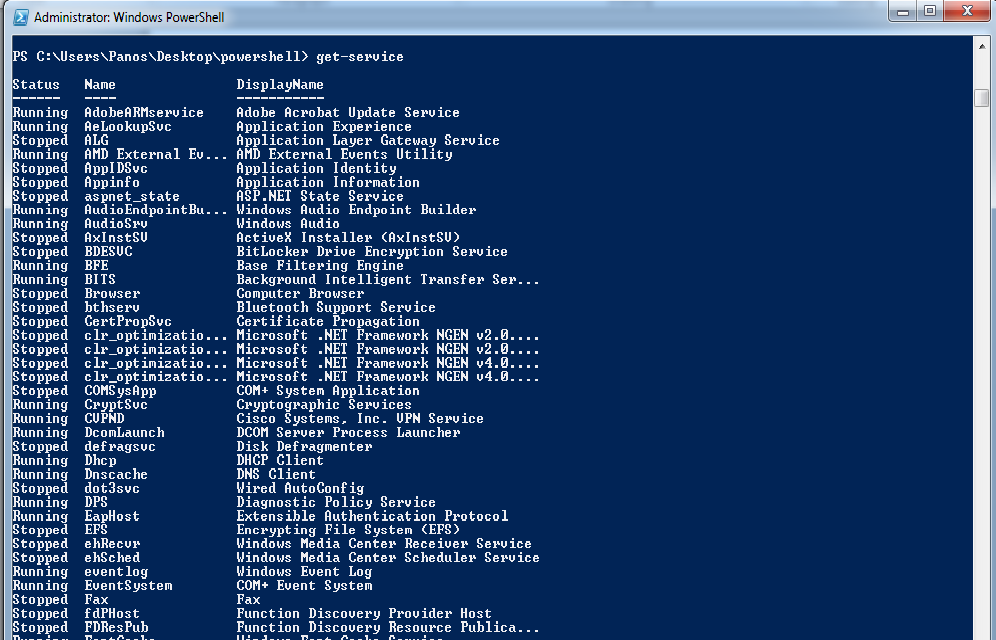 Κάποιες βασικές εντολές της PowerShell Get-Service : Επιστρέφει όλα τα Windows services.