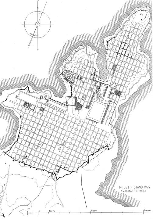 Εικόνα 5. Μίλητος. Διακρίνεται η διαφοροποίηση ανάμεσα στο βόρειο και νότιο τμήμα της πόλης (Δημητριάδης, 1995) Πέργαμος Στην αρχαία Πέργαμο, εφαρμόστηκε ένα άλλου είδους πολεοδομικό σύστημα.