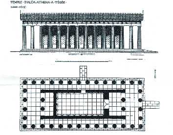 Εικ. 1. Ο δωρικός ναός της Αλέας Αθηνάς (περίπου 345-335 π.χ.) στην Τεγέα έργο του Παριανού αρχιτέκτονα, ίσως και γλύπτη Σκόπα. Αναπαράσταση: Πάνω νότιας όψης (dugas/ Clemensen).