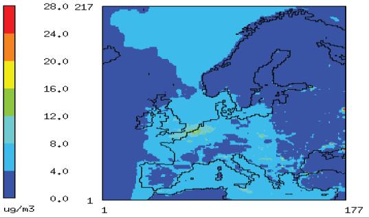 3. RESULTS AND DISCUSSION High ozone conceentrations are predicted in southern Europe where meteorological conditions enhance ozone formation (Figure 1).