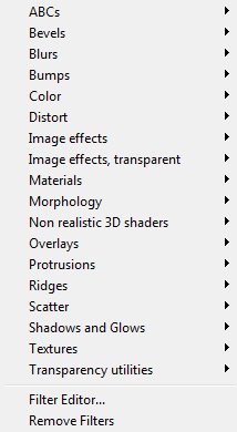 Filters Φίλτρα για κείµενα Φίλτρα περιγράµµατος Φίλτρα θολώµατος Φίλτρα χρώµατος Ειδικά εφέ εικόνων Ειδικά εφέ εικόνων σε διαφάνεια Υφές υλικών Φίλτρα στην βασική µορφολογία Μη αληθοφανή τρισδιάστατη
