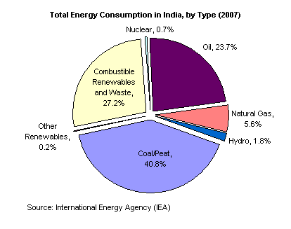 Σχήμα 4.8.(2) Συνολική κατανάλωση ενέργειας στην Ινδία, με βάση τον τύπο, 2007. Πηγή: Ε.Ι.Α., 2008.