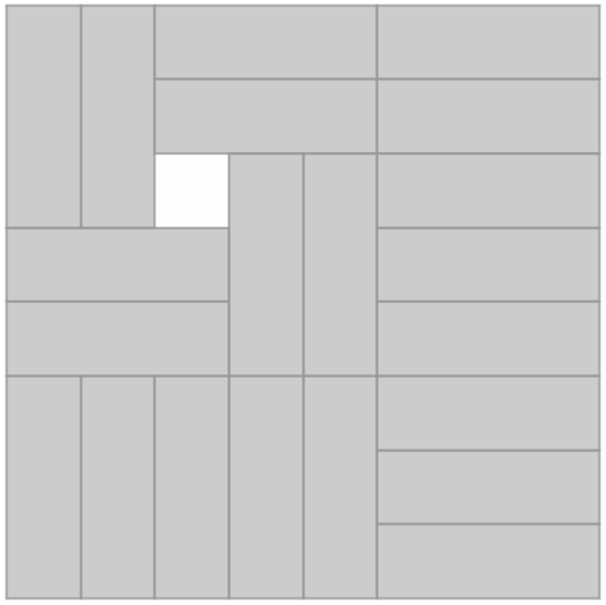 Πρόβλημα 9 Να βρεθεί πιο τετράγωνο πρέπει να αφαιρεθεί από μία σκακιέρα 8 8 ώστε τα υπόλοιπα 63 τετράγωνα να μπορούν να καλυφθούν από τριόμινο διαστάσεων 1 3 Λύση: Θα δείξουμε ότι η σκακιέρα