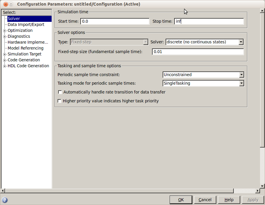 c. The input field Solver Fixed-step size must contain the period of the real-time cycle in seconds. For example 0.01 (0.01 seconds, meaning 100 Hz), as shown in Figure 3.