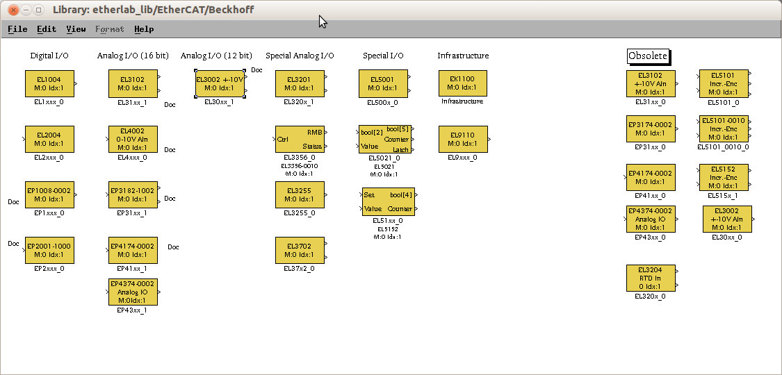 Figure 7 Etherlab Library. The main parameters that should be defined are the ones mentioned below and can be modified inside the property window of each block (Figure 5 and 6): a.