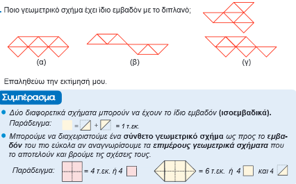 Στην Ε Δημοτικού υπάρχει κυρίως αναφορά στην περίμετρο και στο εμβαδό βασικών γεωμετρικών σχημάτων.