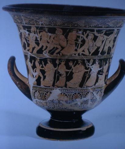 Αγγεία του Ζωγράφου των Νιοβιδών. Καλυκωτοί κρατήρες, 455-450 π.χ. Επώνυμο αγγείο. Φόνος Νιοβών από Απόλλωνα και Αρτέμιδα.