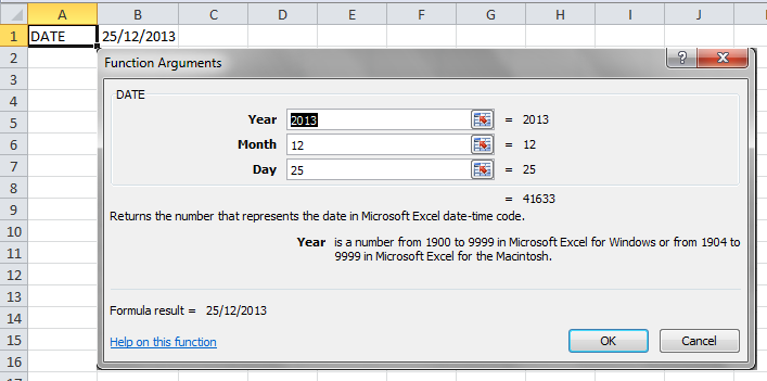 3.7.2 DATE ΑΣΚΗΣΗ. Χρησιμοποιώντας τη συνάρτηση DATE εισάγετε την ημερομηνία 25/12/2013. ΛΥΣΗ. 1. Στην καρτέλα Home, επιλέξτε Σ και επιλέξτε την συνάρτηση DATE. 2. Στο πεδίο YEAR εισάγετε τη χρονολογία: 2013.