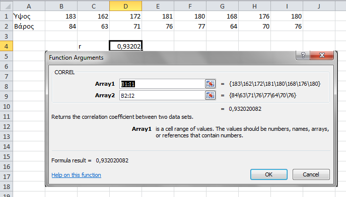 1. Στην καρτέλα Home, επιλέξτε Σ και επιλέξτε την συνάρτηση CORREL. 2. Στο πρώτο πεδίο μαρκάρετε τα δεδομένα της μεταβλητής Ύψος. 3. Στο δεύτερο πεδίο μαρκάρετε τα δεδομένα της μεταβλητής Βάρος.