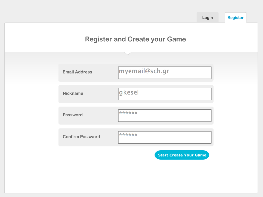 λογαριασμό. Απαιτείται να συμπληρώσει τα στοιχεία email, nickname και password και να επιλέξει το κουμπί Start Create Your Game στην παρακάτω οθόνη (Εικόνα 20).