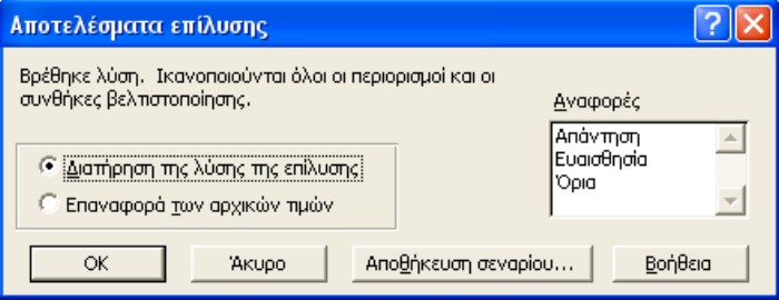 Σχήμα 5.10: Το πλαίσιο διαλόγου Αποτελέσματα Επίλυσης. Αν το πρόβλημα είναι βέλτιστο, τότε αναγράφεται «Βρέθηκε λύση.