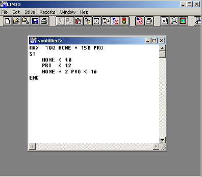 PRO < 12 HOME + 2*PRO < 16 Σημειώνεται ότι το LINDO ερμηνεύει το σύμβολο < ως «μικρότερο ή ίσο» και όχι ως «αυστηρά μικρότερο». Προαιρετικά, μπορεί κανείς να βάλει τα σύμβολα <=.
