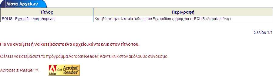 ιαχείριση Σύµβασης 7.4 Χρήσιµες Πληροφορίες Το υποµενού Χρήσιµες Πληροφορίες σας δίνει τη δυνατότητα να κάνετε download διάφορα χρήσιµα έγγραφα, όπως για παράδειγµα το εγχειρίδιο του EOLIS.